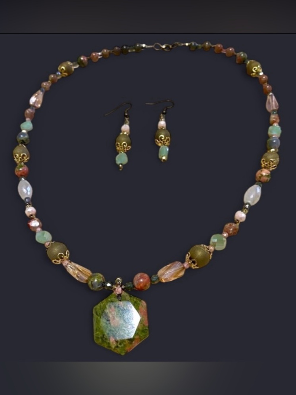 Earthy Green and Gold Beaded Necklace with Hexagonal Pendant